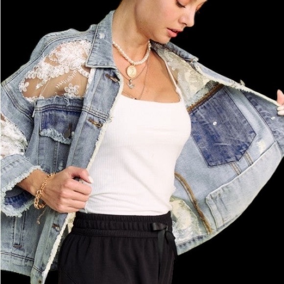DAVI & DANI Denim Jacket with Lace Detail - Picture 6 of 9